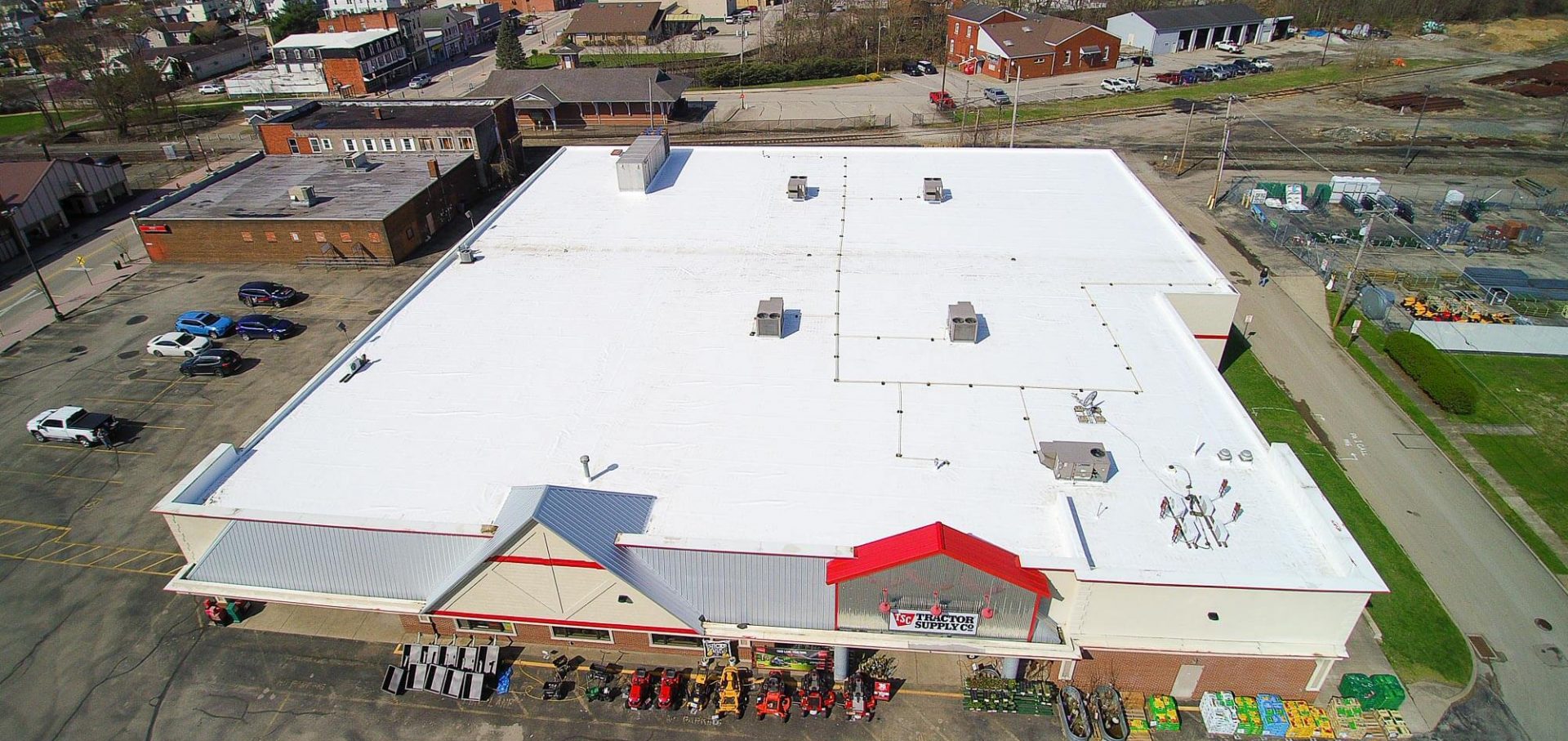Top view of a newly applied PVC roof coating